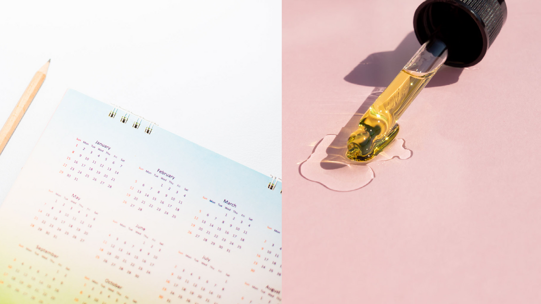a calendar next to a dropper of retinol serum with liquid dripping