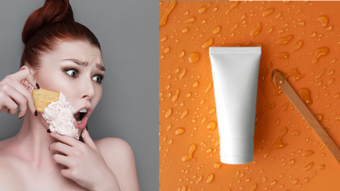 woman rubbing food and cream on her face next to a plain white tube of acne cream