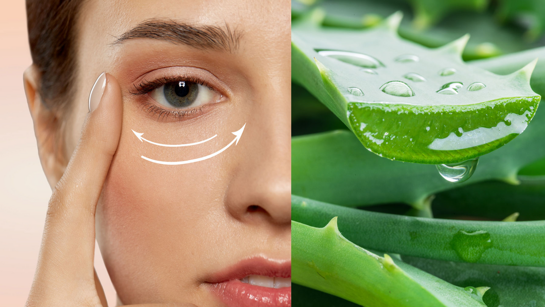 a woman pointing under her eyes next to a cut stalk of aloe dripping aloe vera juice