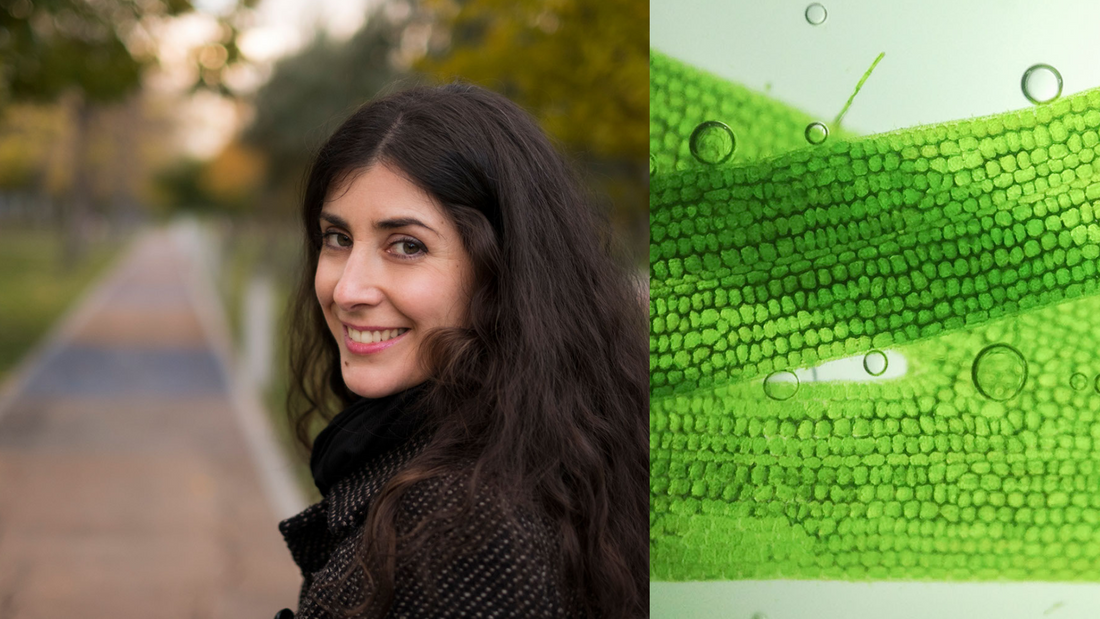 a woman in her 40's walking down a country road next to a close up of a natural cell