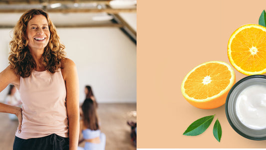 A woman in her 50's posing in a yoga studio next to a variety of citrus and natural skin cream product