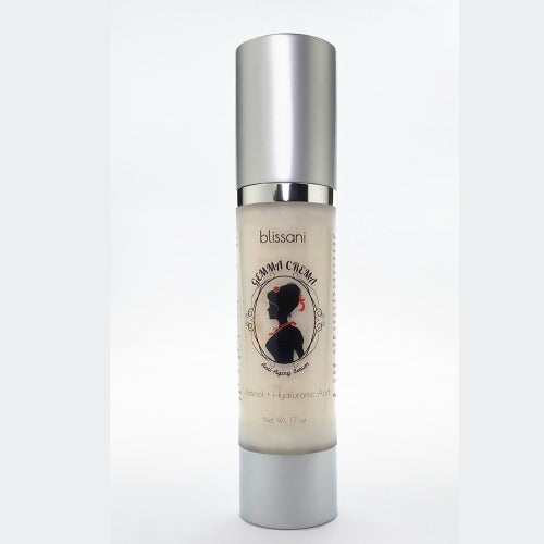 Gemma Crema Vegan Anti-Aging Serum by blissani in a sleek bottle. This natural wrinkle solution combines powerful botanicals for effective anti-aging benefits. Perfect for your skincare routine.