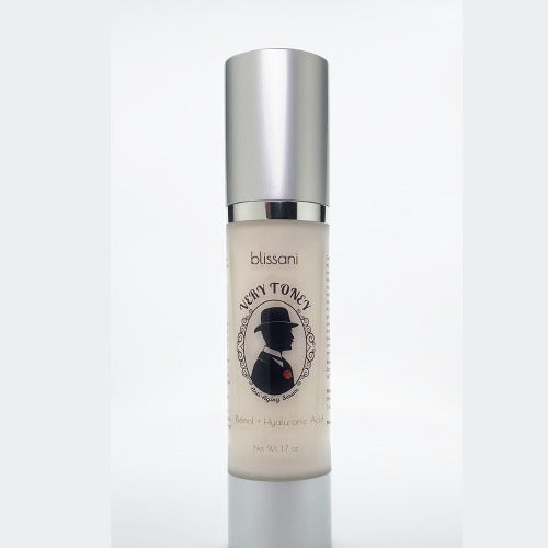 Very Toney Vegan Anti-Aging Serum for Men, featuring a stylish bottle design with a silver cap and a graphic of a man in a hat, highlighting its natural wrinkle solution infused with retinol and hyaluronic acid.