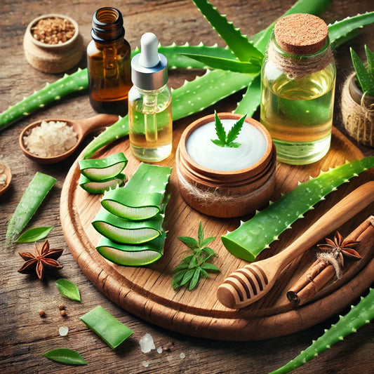 aloe vera plant in extract with bottles and leaves.