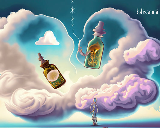 An illustration of a fairy choosing between two bottles of vegan anti-aging serum.