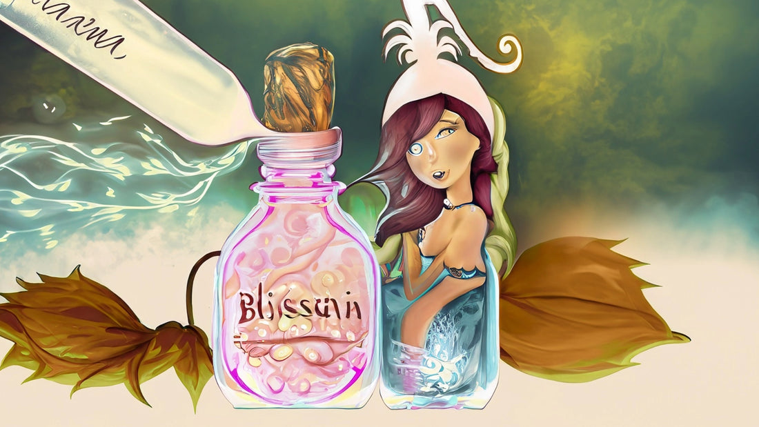 An illustration of a fairy princess infusing a bottle of toner with witch hazel which has the blissani logo on it