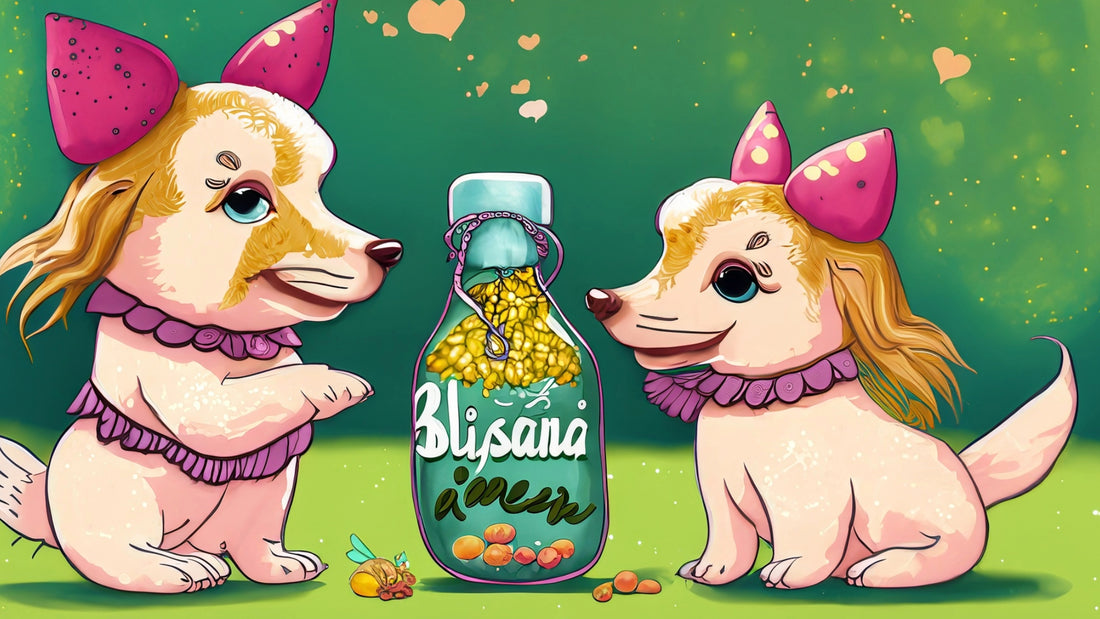 two puppies putting vegan ingredients into a bottle with the name "blissani" on it