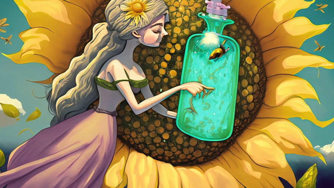 A fairy pulling a bottle of vegan serum a sunflower