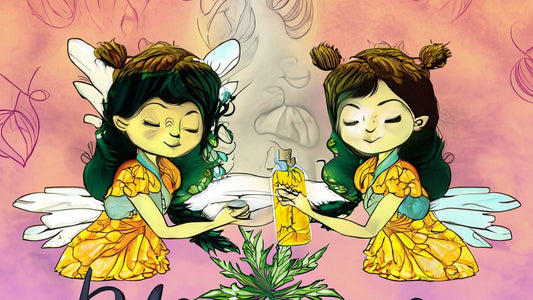 two faeries extracting serum from a marigold plant and placing it into a bottle..