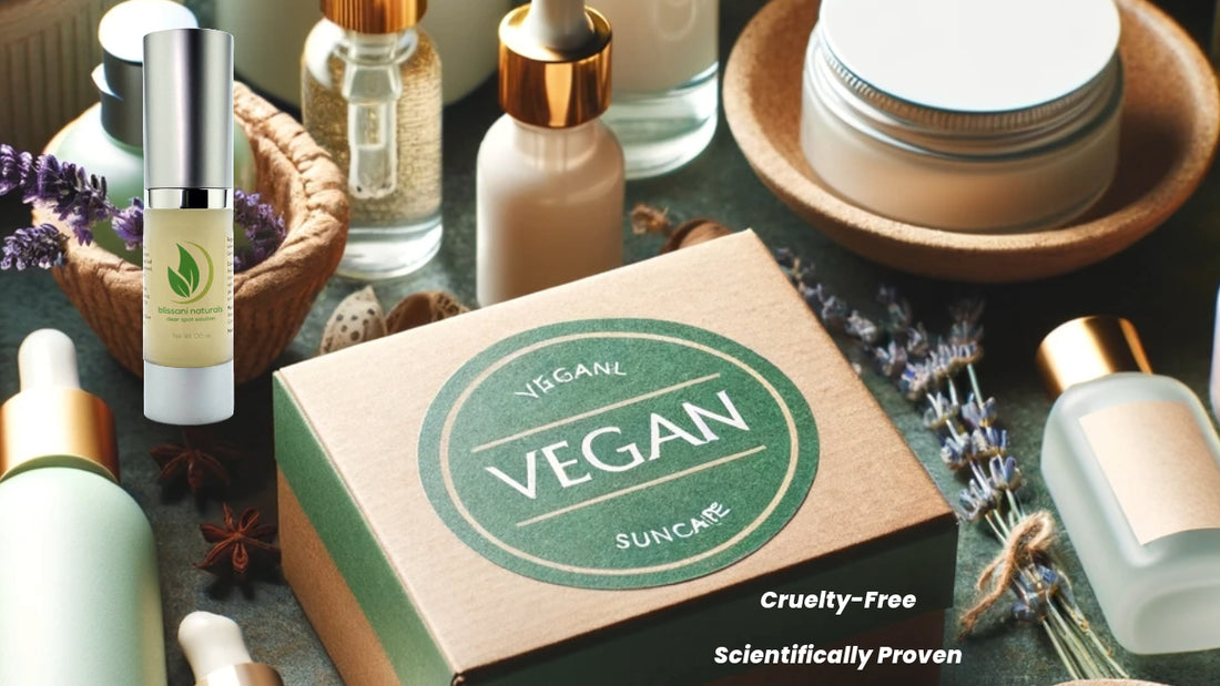 a variety of vegan skincare products and a bottle of blissani naturals clear spot solution