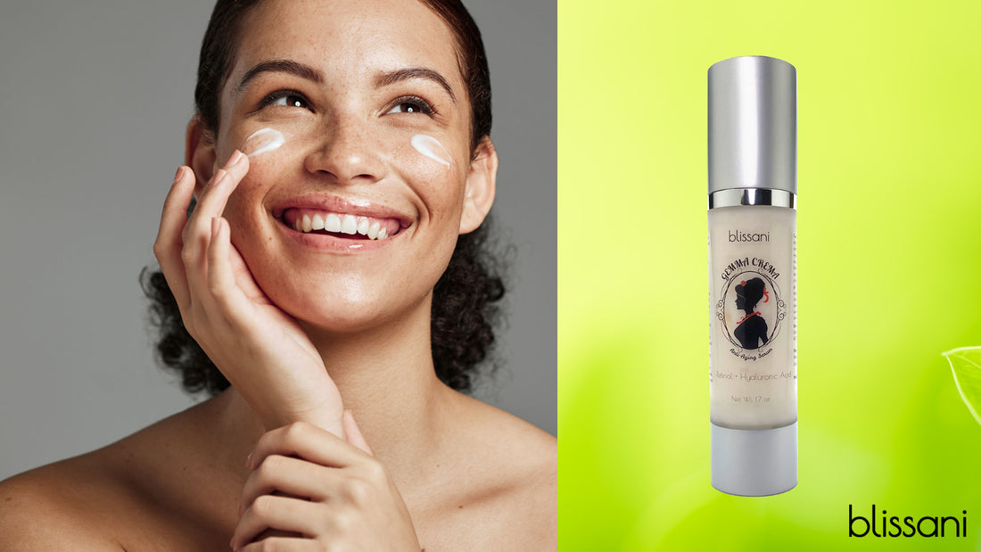 A woman applying a natural cream to her face next to a bottle gemma crema on a natural background