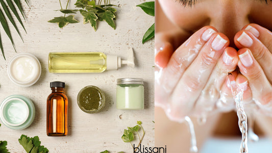 A variety of natural products for anti-aging and cleansing next to a woman washing her face with clean water