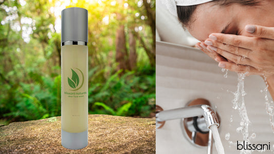 blissani naturals face wash in a forest next to a woman washing her face at the sink