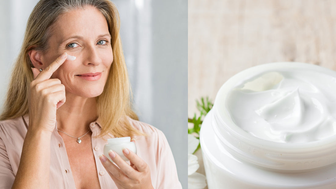 A woman in her 50's next to a skincare cream which has bright green sprig of leaves behind it.