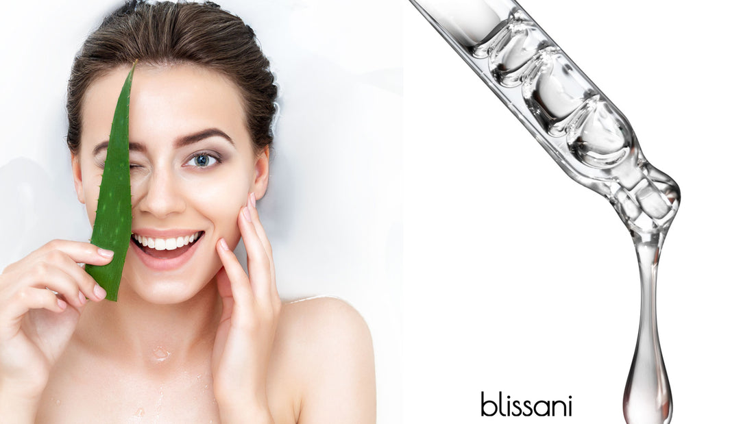 A woman in her 40s next to a dropper of anti-aging serum and the blissani logo