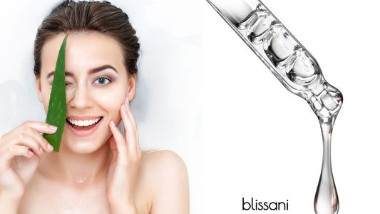 A woman in her 40s next to a dropper of anti-aging serum and the blissani logo