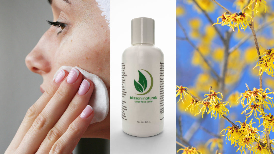 a woman wiping her face next to the blissani naturals clear face toner and a bright yellow branch of witch hazel