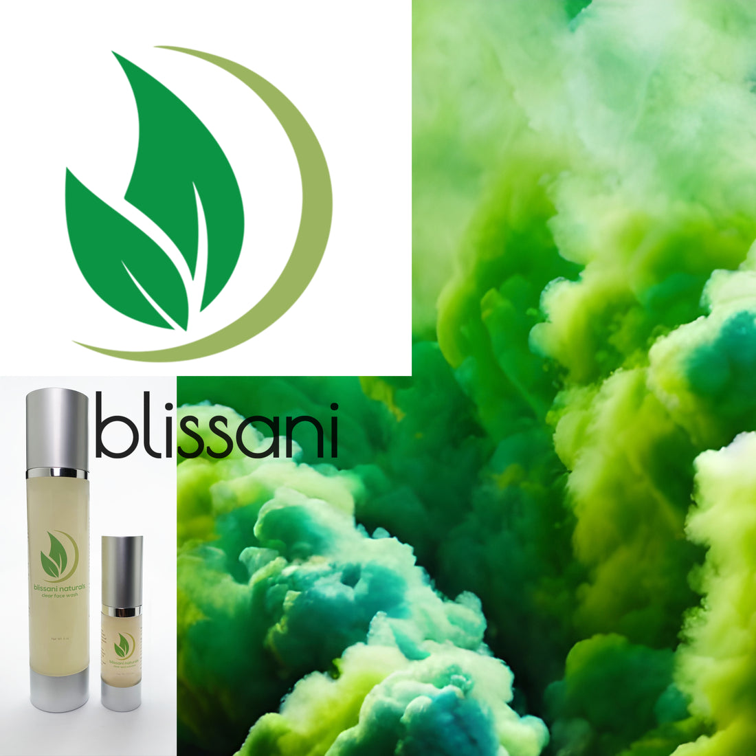 the blissani logo and wordmark with blissai products next to a cloud of toxic gas