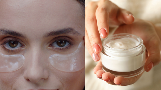 a woman with a beauty treatment on her eyes next to an open jar of beauty cream