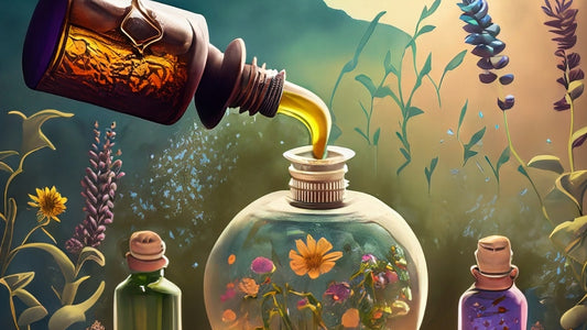 Essential oils for vegan skincare products being poured into a magic bottle