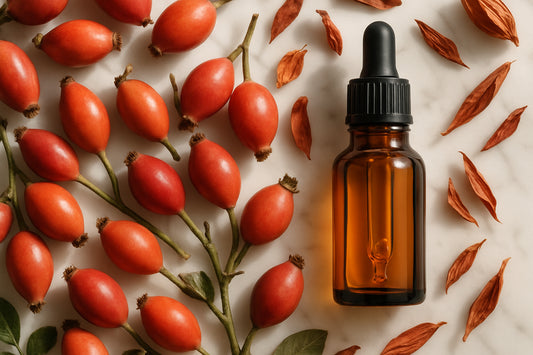 Fresh rosehip berries and botanical oil dropper on marble surface — rosehip oil for skin brightening and acne scars