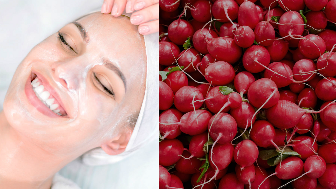a middle aged woman getting a facial next to bright red radishes