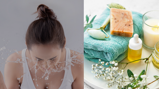 woman washing face next to a bar of soap some natural plants and a bottle of face wash