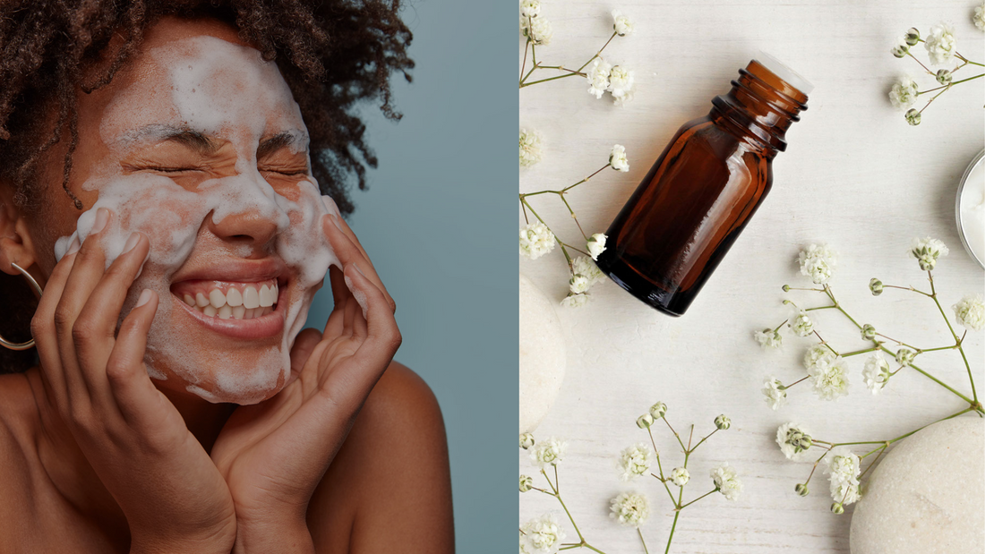 a woman putting a natural rinse on her face next to a toner with natural branches and leaves around