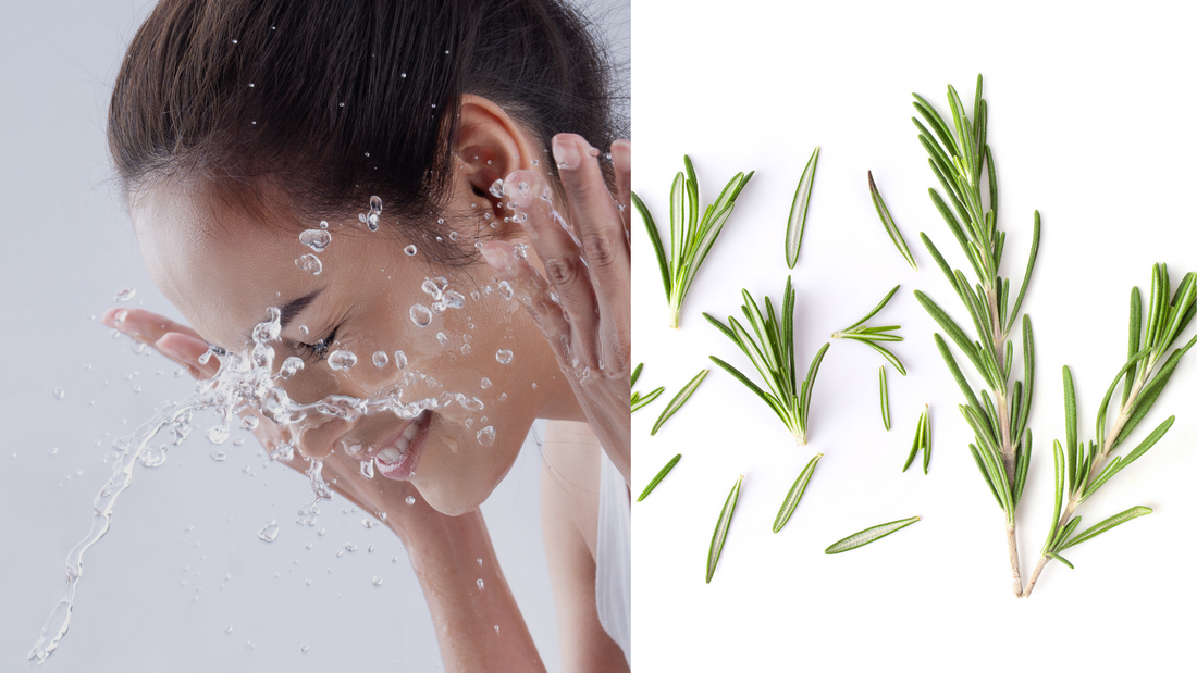 a woman washing her face next to several rosemary leaves