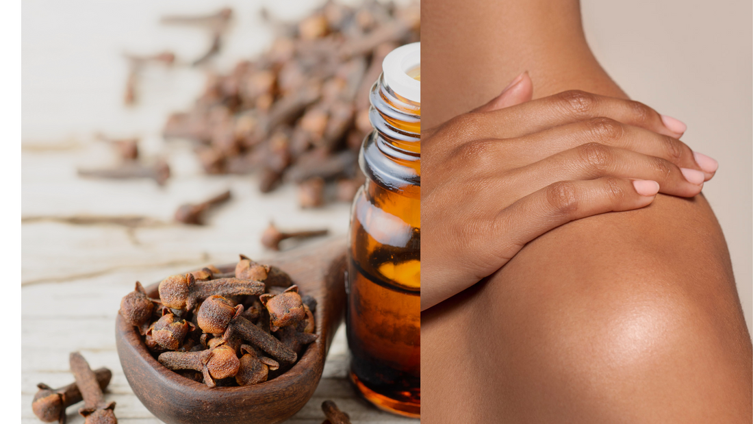 clove oil extract next to a woman who is touching her skin