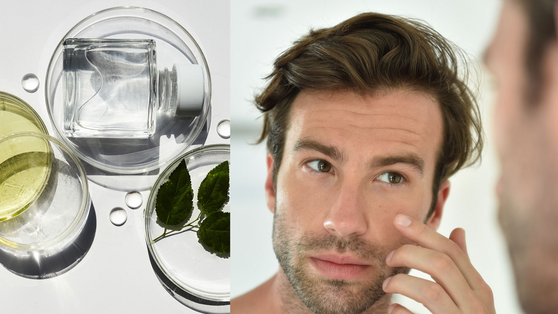 a variety of natural serums next to a man looking in the mirror