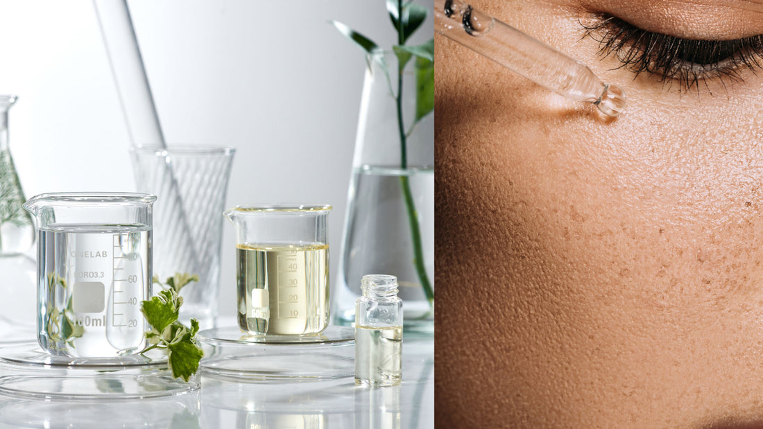 a variety of natural ingredients in test tubes and beakers next to a woman placing skin serum on her face under her eyes
