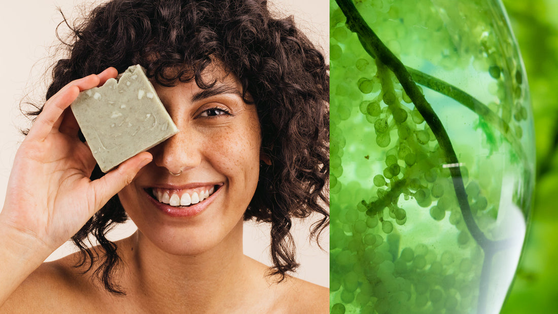 A woman holding a bar of natural and hand-made soap to her face next to a close up of a cellular structure of a bright green leaf