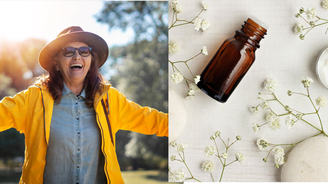 a woman in her 50's with the sun behind her and arms outstretched next to a serum bottle and natural ingredients