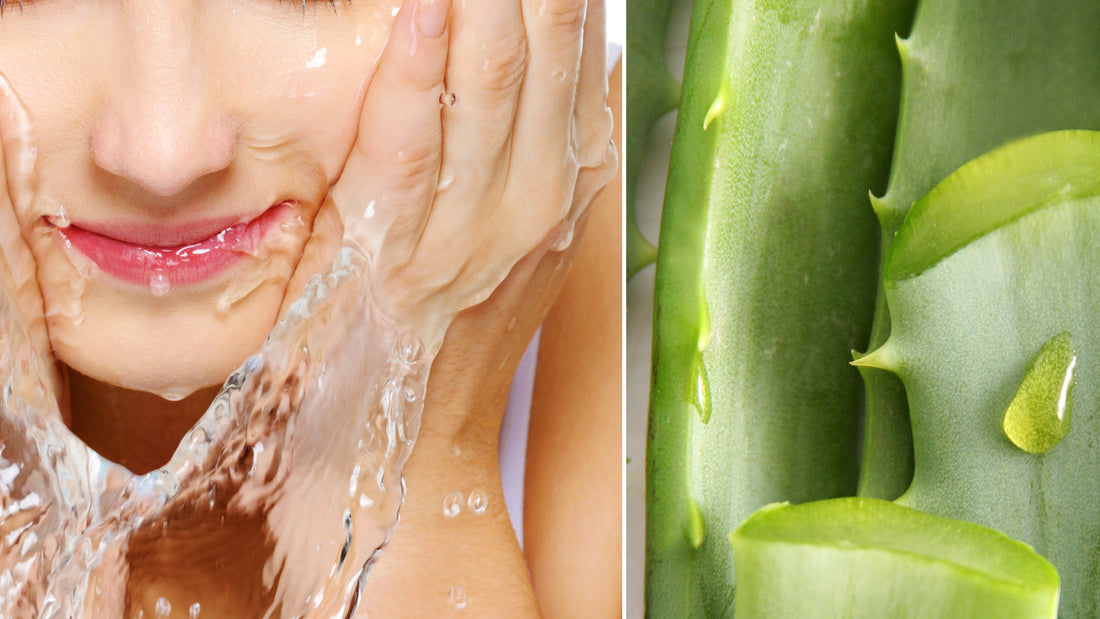 a woman washing her face next to moist stalks of aloe