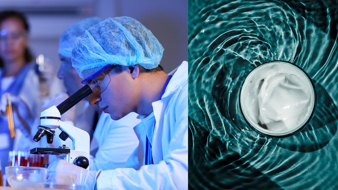 a scientist examining material in a microscope next to a jar of hyaluronic acid surrounded by a pool of water