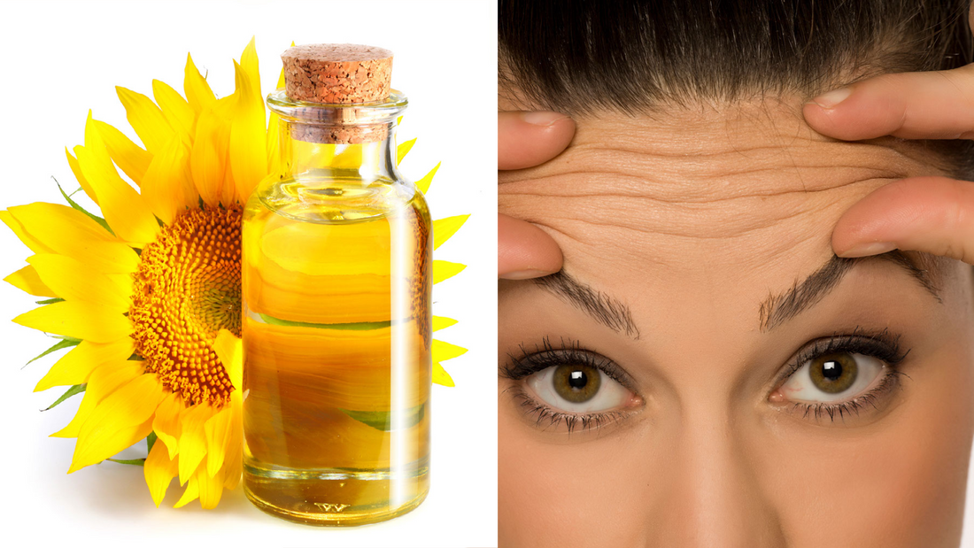 a sunflower and sunflower oil next to a woman in her 40s pinching wrinkles on her forehead