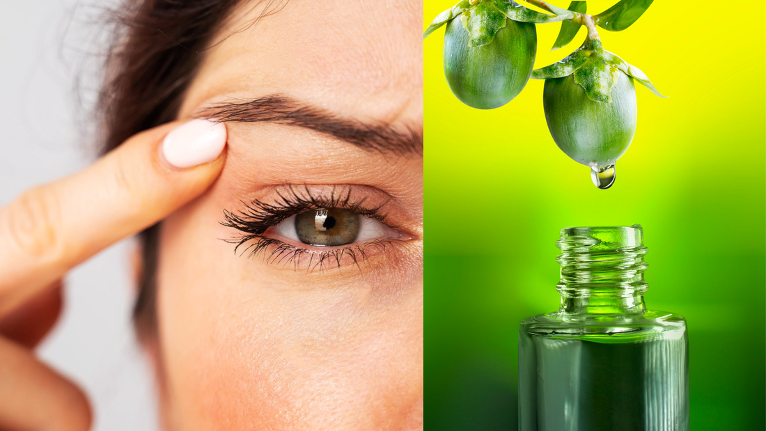 woman noticing wrinkles next to a plant with jojoba oil being extracted