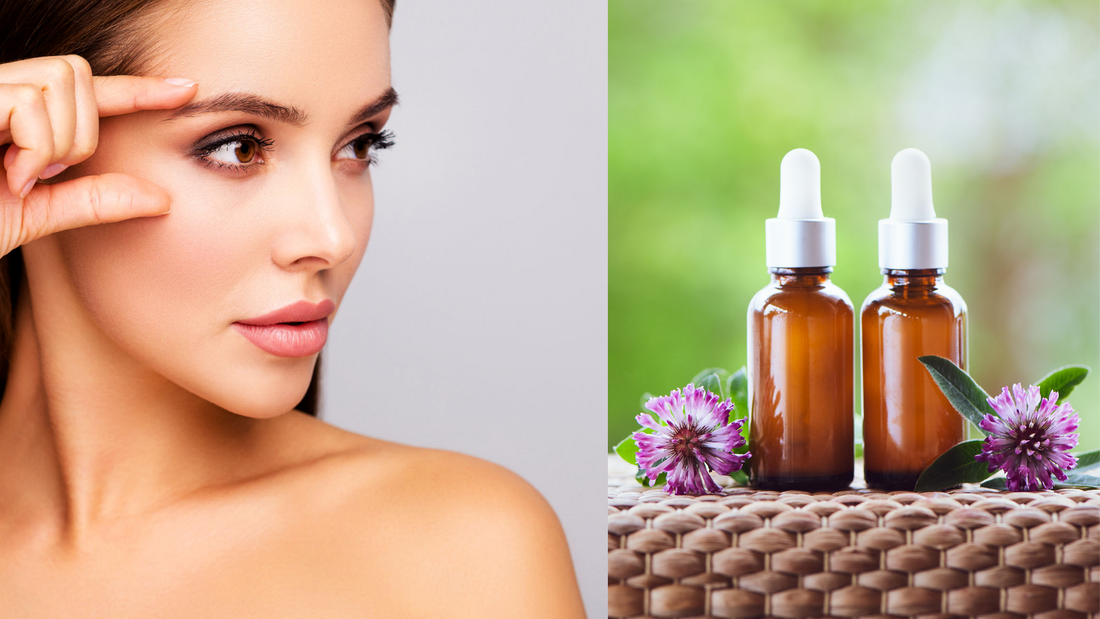 woman pointing to wrinkles with two bottles of red clover oil