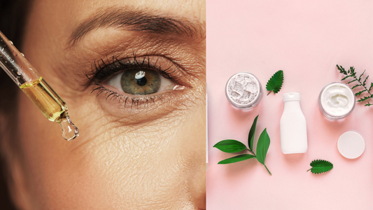 natural wrinkle creams a flower and a leaf with a woman placing serum on her eye wrinkle