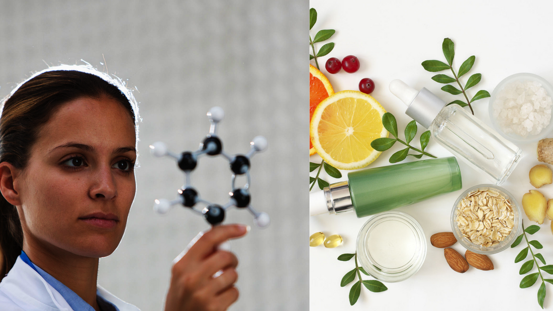 a woman scientist holding a model of a molecule next to antioxidant rich fruits and serums