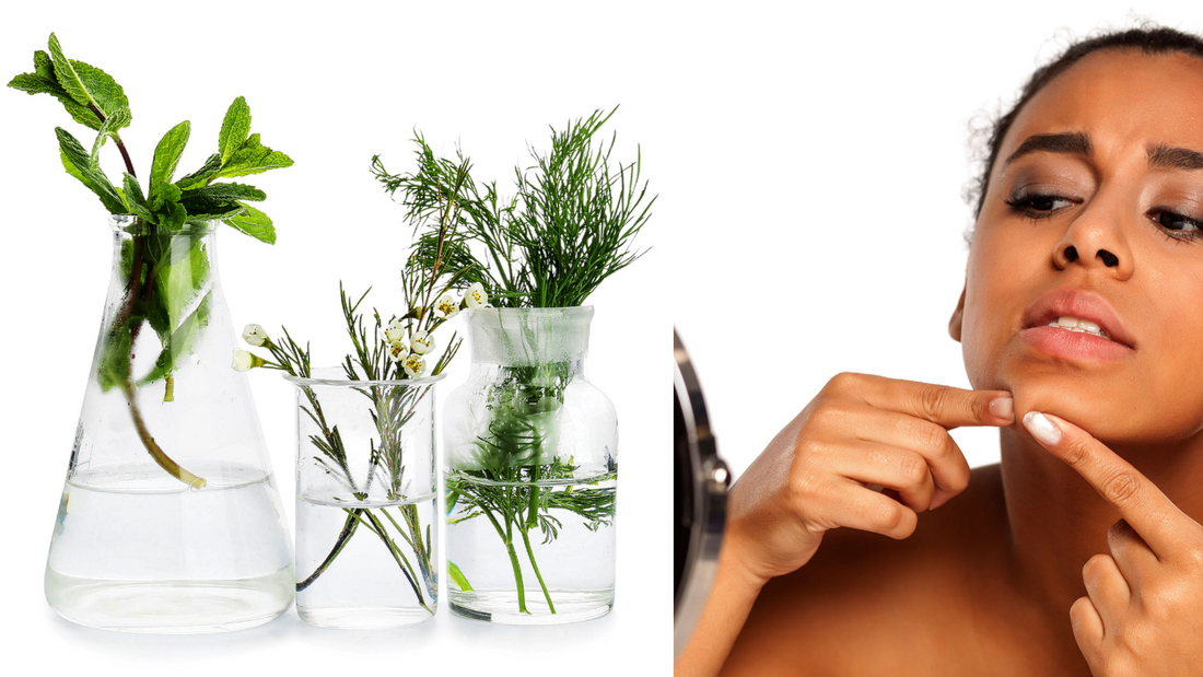 natural plants being extracted into beakers next a woman who is examining a dark spot