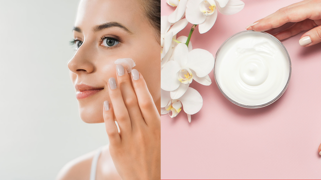 beauty cream with natural ingredients and a woman putting wrinkle cream on her face