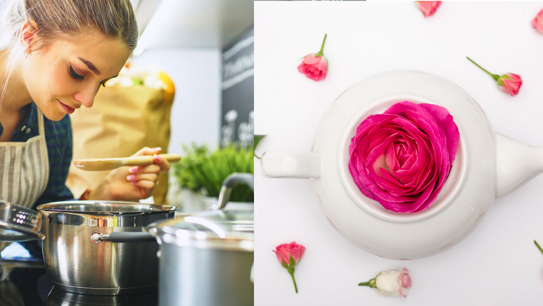 woman over boiling pot with wooden spoon next to tea kettle with roses and water in it