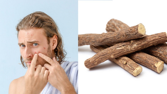 man attempting to pop a pimple next to a pile of cut licorice root