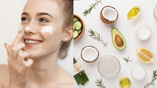 woman in her 30s rubbing cream on her face next to a variety of natural ingredients