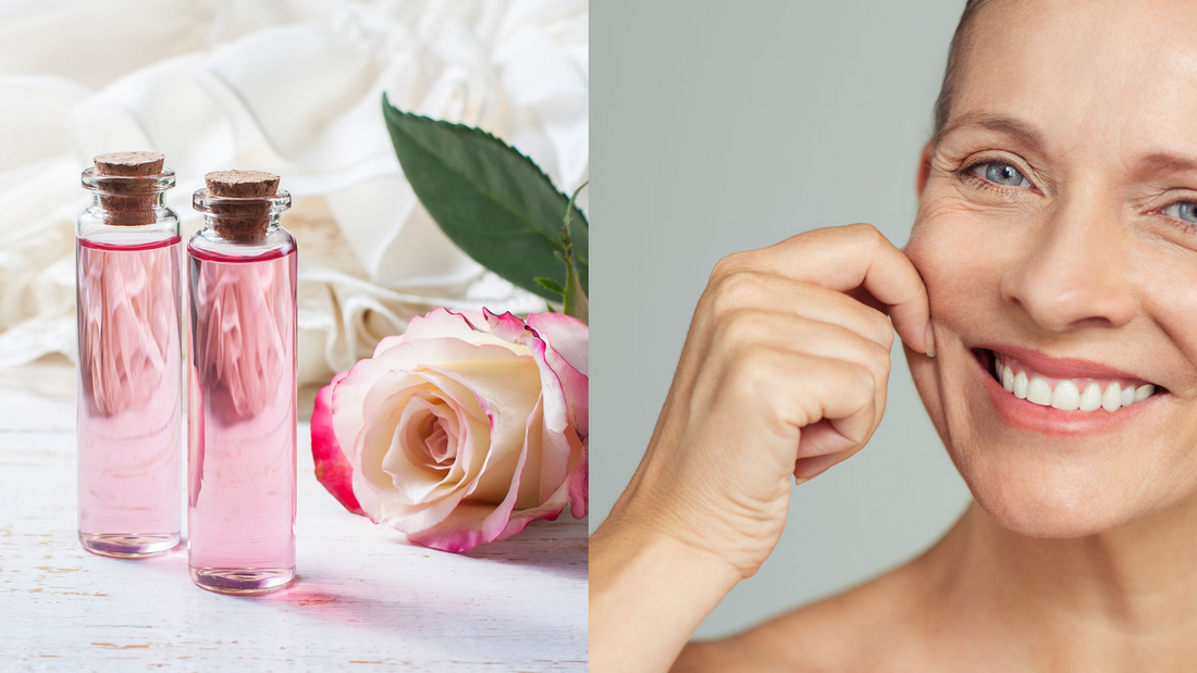 two vials of rose water extract next to a woman in her 50s examining her wrinkles