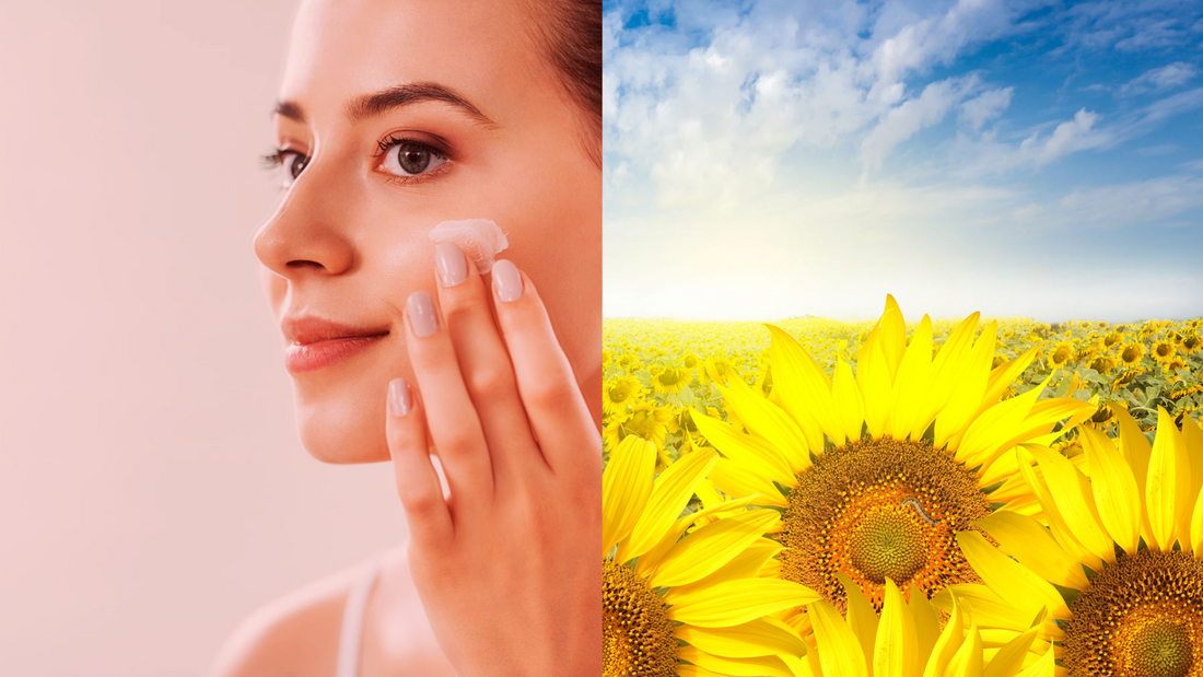 a woman with beauty cream and sunflowers