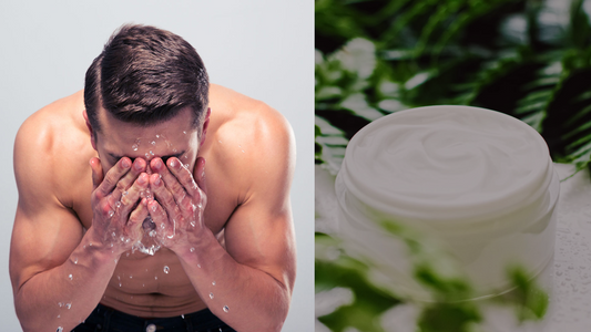 man washing his face next to an open jar of hyaluronic acid surrounded by bright green leaves.