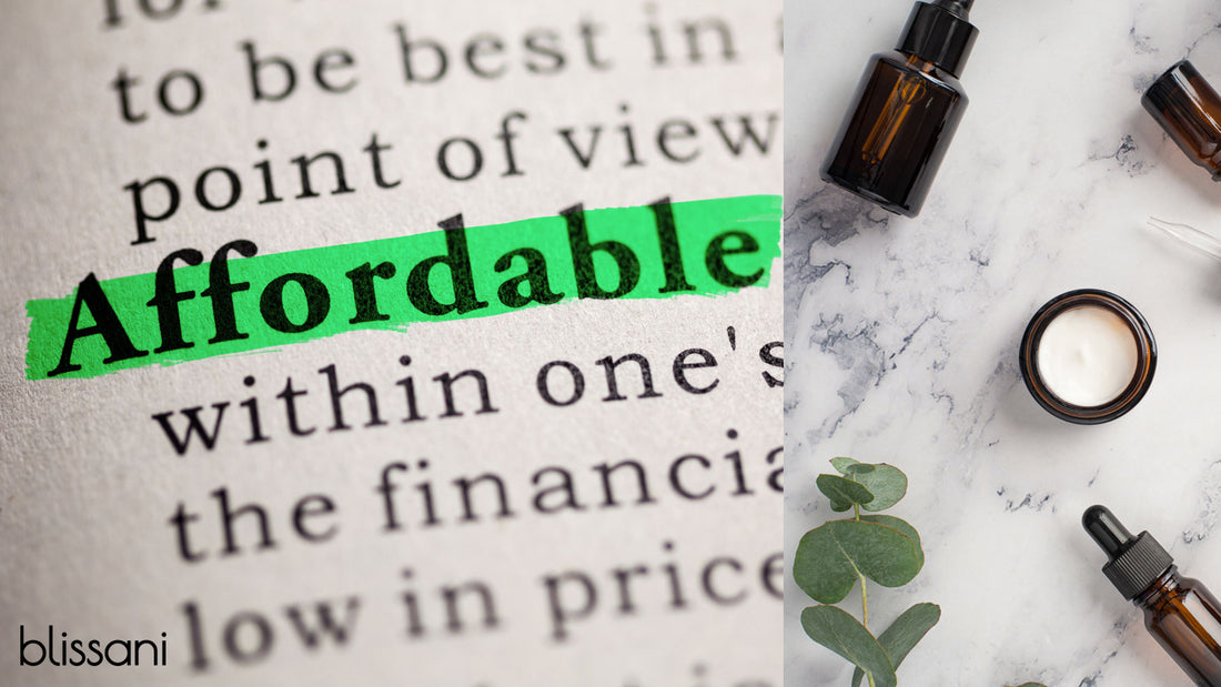 The word "Affordable" highlighted in green in the dictionary next to a variety of vegan skincare products and a plant